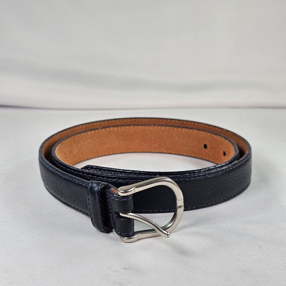 LL Bean Mens Navy Blue Full Grain Leather Belt Made in USA Silver Buckle 1" S